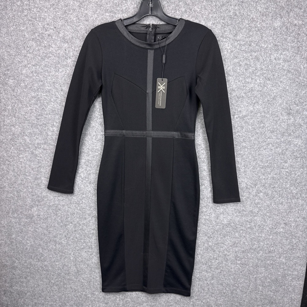 Kardashian Kollection Womens Black Pleather Ponte Sheath Dress Long Sleeve S NEW